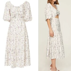 MINKPINK Hailey Cut Out Floral Puff Sleeve Midi Dress S Blue Purple